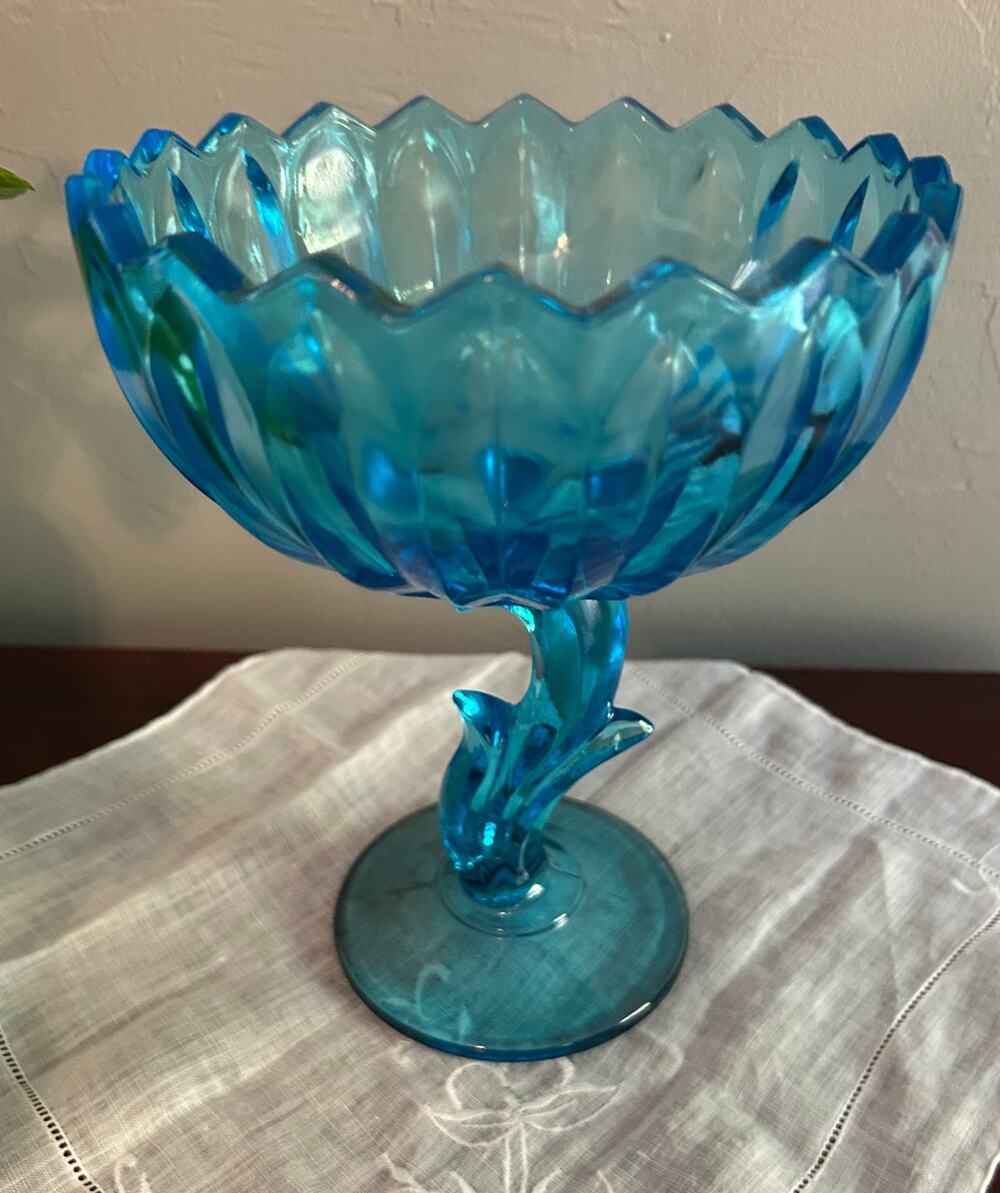 Vintage Indiana Glass Blue Lotus Blossom Compote  Bowl  7 1/2"